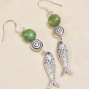 Silver Fish & Jasper Bead Earrings w Sterling Wire